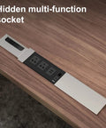 Hidden multi-function socket on the rock board top of Slick Oversized L Shaped Home Office Desk With Solid Wood Base And Deep Storage Drawers.