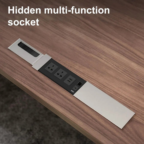 Hidden multi-function socket on the rock board top of Slick Oversized L Shaped Home Office Desk With Solid Wood Base And Deep Storage Drawers.