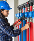 Person installing DIY Friendly PEX B Tubing Sticks 0.5 Inch By 4 Feet Red And Blue Potable Water And Hot Water Tubing For Indoor Outdoor Use
