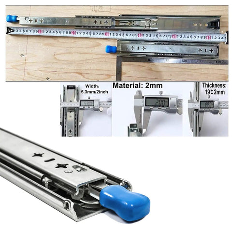 Heavy Duty 10 Inch Ball Bearing Drawer Slides Lockable Full Extension Cabinet Runners with blue handle and measurements.