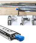 Lockable Ball Bearing Drawer Slides Offering Full Extension Smooth Glide Industrial Grade Steel Construction for Trucks and RV Cabinets with measuring tools.