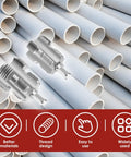 Premium Carbon Steel PVC Pipe Threader Kit For 1/2, 3/4 And One Inch Plastic Pipe Taps with silver threading tools on white pipes.