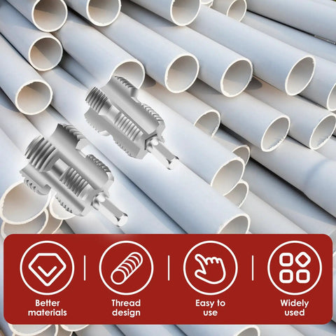 Premium Carbon Steel PVC Pipe Threader Kit For 1/2, 3/4 And One Inch Plastic Pipe Taps with silver threading tools on white pipes.