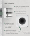 Installation guide for 4 Inch Plastic Duct Connector Flange For HVAC Ventilation System, showing attachment to wall, ABS plastic material.