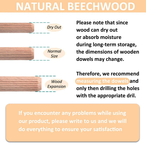 Infographic on natural beechwood dowels showing dimensions affected by moisture, linked to product Beefy Beechwood Dowel Pins For Woodworking 200 Pcs Fluted Dowels Quarter Inch By One And A Quarter Inch Hardwood Craft Pegs For Furniture DIY Projects Imperial Size.