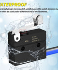 IP67 waterproof roller lever microswitch with SPDT 3 pin, removable lever, pre-wired for versatile machine control.