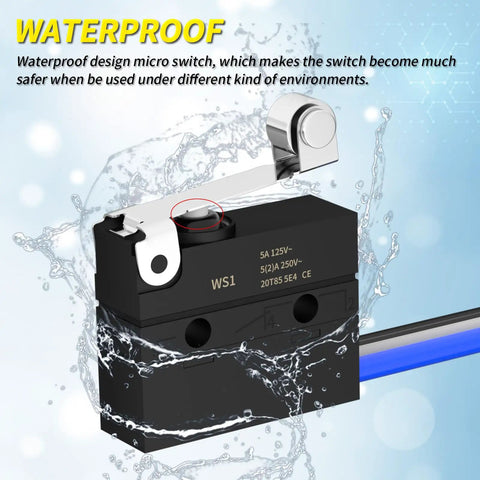 IP67 waterproof roller lever microswitch with SPDT 3 pin, removable lever, pre-wired for versatile machine control.