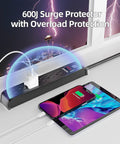 Rock Solid Six Outlet Surge Protector Power Strip With Six Foot Extension Cord And Six Hundred Joule Defense for charging devices.