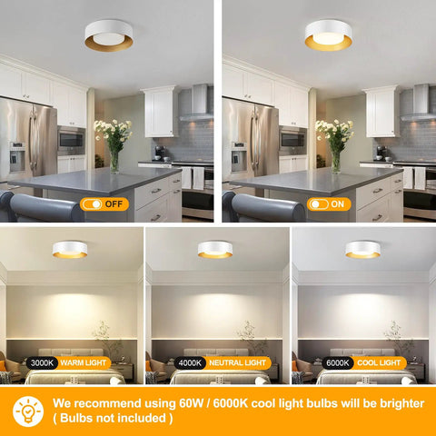 Modern Flush Mount Ceiling Light Fixture 12.5 Inch Round Close To Ceiling White and Gold Metal in kitchen and lighting effects