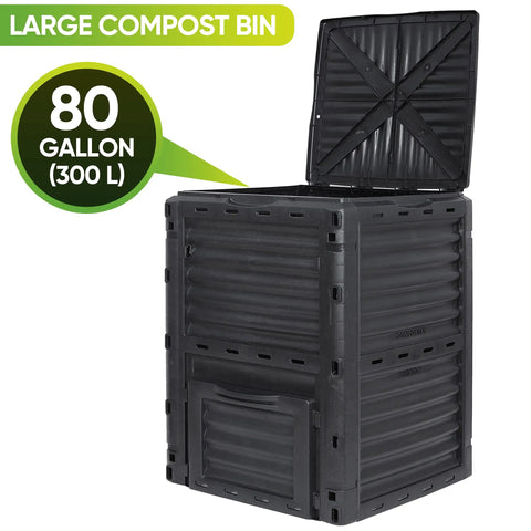 Front view of 80 Gallon Outdoor Compost Bin With BPA Free Material Easy Assemble Large Capacity Garden Compost Box, black color