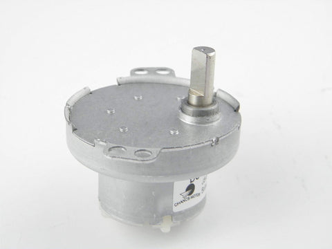 12V DC Gear Motor JS 50 With D Shaft, 30 RPM, CW CCW, low noise gearbox, silver metal casing, side view