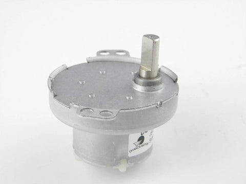 12V DC Geared Motor JS-50 15 RPM D Shaft CW CCW with metal outer reduction gearbox, visible iron casing and 7mm D-shaft detail.