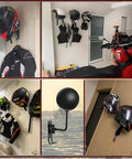 180 Degree Rotating Motorcycle Helmet Rack Wall Mount with hooks holding helmets and jackets in various settings, durable steel design.