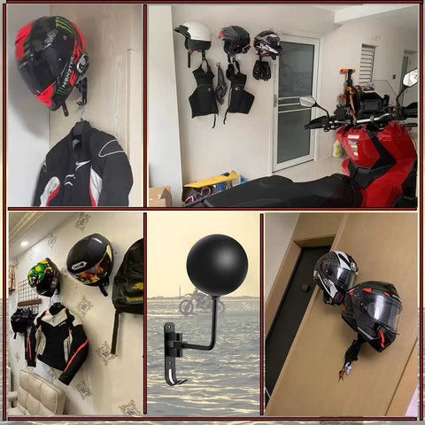180 Degree Rotating Motorcycle Helmet Rack Wall Mount with hooks holding helmets and jackets in various settings, durable steel design.