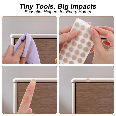 Heavy Duty Peel And Stick Felt Pads 320 Count 0.4 Inch Beige Cabinet Bumpers being applied to furniture surfaces.