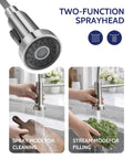 Pull Down Kitchen Faucet With Soap Dispenser Brushed Nickel Finish showing two-function sprayhead for cleaning and filling.
