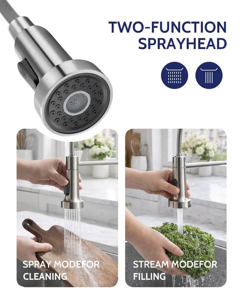 Pull Down Kitchen Faucet With Soap Dispenser Brushed Nickel Finish showing two-function sprayhead for cleaning and filling.