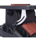 Close-up of Heavy Duty Two In One Oscillating Spindle And Belt Sander With Tilting Table showcasing sanding sleeves and adjustment lever.