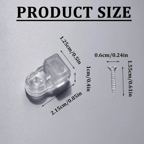 Real Deal 25 Pack Glass Retainer Clips With Screws For Cabinets Windows Doors And Mirrors Universal Clear Transparent Panel Hardware All Weather Zero Drama Install with size dimensions displayed.