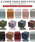 Leather Tissue Box Cover in multiple colors including wine red, square 5.0x5.0x5.0 inches, PU leather, product color options.
