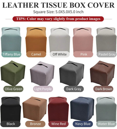 Leather Tissue Box Cover in multiple colors including wine red, square 5.0x5.0x5.0 inches, PU leather, product color options.