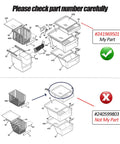 Diagram of Replacement Meat Pan Glass Crisper Cover Frame For Frigidaire Refrigerator Shelf 3rd From Bottom 18.375 By 17.375 Inches Model 241969501 Fits AP4433007 EA2363832 AH2363832 PS2363832, highlighting part numbers with correct and incorrect examples.