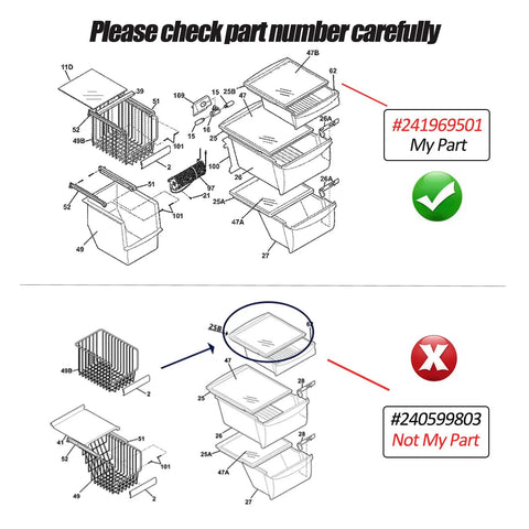 Diagram of Replacement Meat Pan Glass Crisper Cover Frame For Frigidaire Refrigerator Shelf 3rd From Bottom 18.375 By 17.375 Inches Model 241969501 Fits AP4433007 EA2363832 AH2363832 PS2363832, highlighting part numbers with correct and incorrect examples.