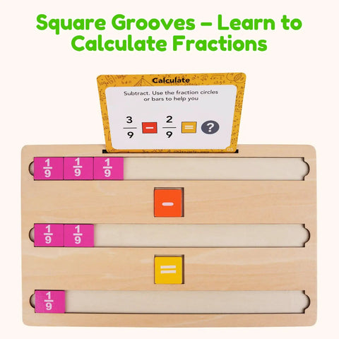 Wooden Fraction Tiles And Circles Set For Kid Friendly Hands On Math Manipulatives, board with 1/9 tiles and math symbols