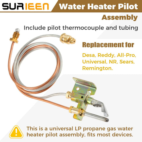 Front view of water heater pilot assembly for LP propane gas with copper tubing, thermocouple, and mounting bracket.