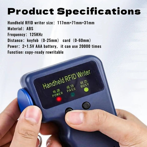 Close-up of Portable RFID Writer And Card Duplicator For 125KHz Smart ID Access Control, hand holding device, screen showing status