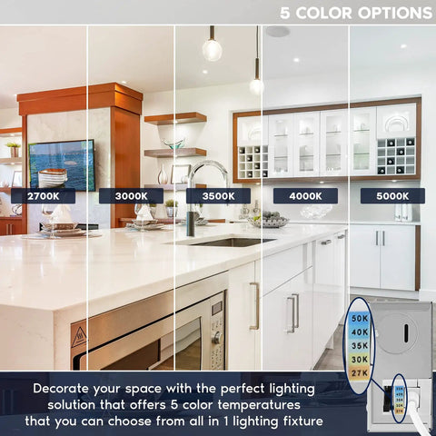 5 color temperature options for 3 Inch LED Recessed Ceiling Light Kit With Junction Box, 10W, showing kitchen setting and control panel.