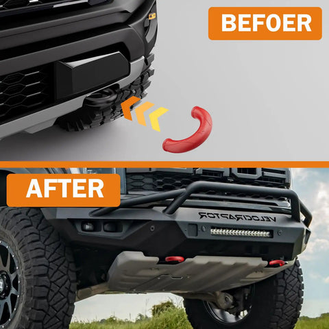 Before and after installation of Ford Tow Hook Covers Red For F150 2004 2024 And Toyota Tundra 2017 2021 Accessories No Drill Easy Fit