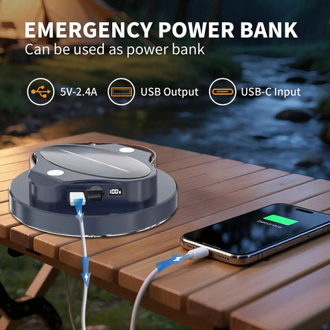 Ultra Bright Portable Camping Lantern With 5000 Lumen Led Light, 30W Power, Magnetic Base, USB charging phone on table