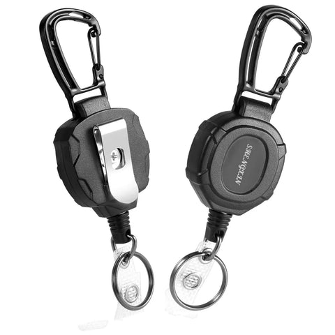 Two Pack Heavy Duty Retractable Keychain Carabiner Badge Holder Set With 32 Inch Steel Cord Tactical ID Badge Reel For Quick Access Dual Style Retractable Reels Durable 8.0 Oz Build