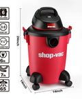 Heavy Duty 6 Gallon Wet Dry Vacuum With 3.0 Peak HP, 3 In 1 Function, red canister, dimensions and features shown, shop-vac label