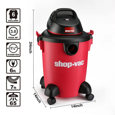 Heavy Duty 6 Gallon Wet Dry Vacuum With 3.0 Peak HP, 3 In 1 Function, red canister, dimensions and features shown, shop-vac label