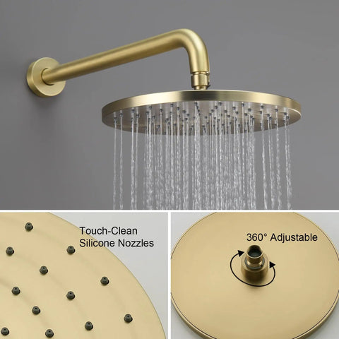 Slick Brushed Gold Rainfall Shower Head System With Concealed Wall Mount Mixer Valve And Heavy Duty Brass Plumbing Arm Stainless Steel Hose Handheld Setup For Knockout Bathroom Revamps