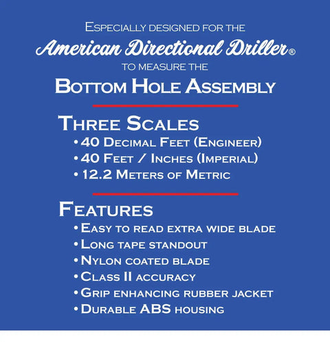 Features list for 40 Foot Tape Measure With Extra Wide Blade And Engineer Scale For Directional Drilling; imperial and metric scales.