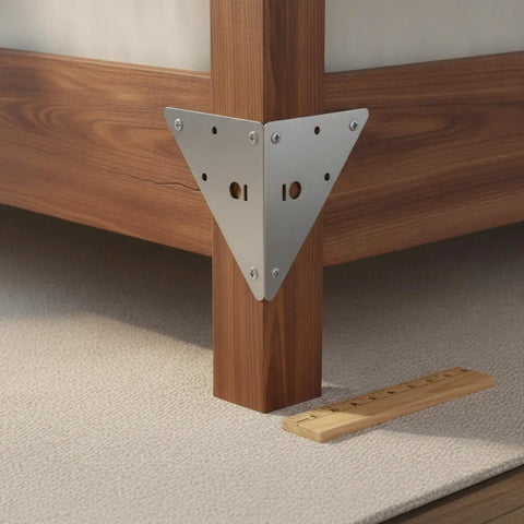 Beefy Stainless Steel Heavy Duty Corner Brace Triangular L Bracket mounted on wood bed frame corner for reinforcement