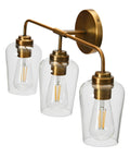 Mid Century Inspired Three Light Vanity Fixture in Brushed Bronze With Metal Base and Snifter Glass Shades