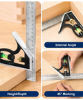 Killer Combination Square And 12 Inch Rafter Square Carpenter Tool Set Rocking Aluminum Alloy Head And Stainless Steel Ruler demonstrating height and internal angle measurements.