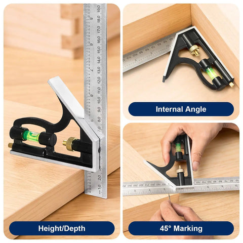 Killer Combination Square And 12 Inch Rafter Square Carpenter Tool Set Rocking Aluminum Alloy Head And Stainless Steel Ruler demonstrating height and internal angle measurements.