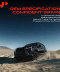 Black SUV driving through desert with text 'OEM Specifications Confident Driving' at top