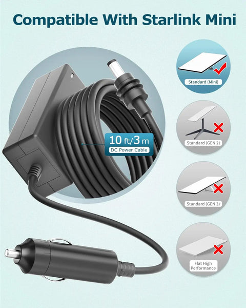 Heavy Duty 11 Feet Starlink Mini Car Power Adapter 12V To 30V DC Charger Cigarette Lighter Cord with 10ft cable.
