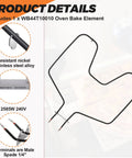 Image of WB44T10010 Oven Bake Element Replacement for GE Spectra Ovens, features resilient nickel alloy, 2585W 240V specification.
