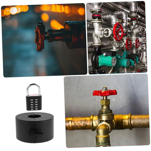 Combination lock with black safety valve cover on industrial pipes, preventing unauthorized access to control valves.