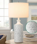 Farmhouse Ceramic Table Lamp With White Fabric Shade, Modern Tall Desk Lamp For Bedroom, Living Room Or Office, Rotary Switch