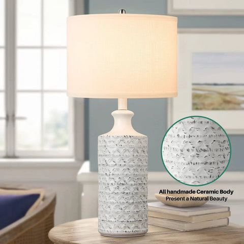 Farmhouse Ceramic Table Lamp With White Fabric Shade, Modern Tall Desk Lamp For Bedroom, Living Room Or Office, Rotary Switch