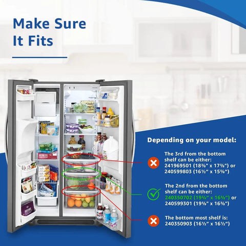 Diagram showing refrigerator shelves with measurements for Upper Crisper Pan Cover Replacement For Frigidaire Refrigerators Fits 240350702
