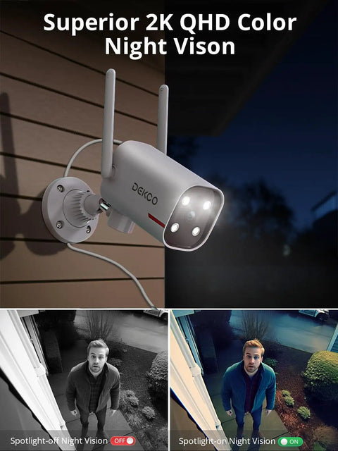 Two Pack Outdoor Security Camera With 2K Color Night Vision For Crisp Details mounted on a wall, showing night vision clarity.